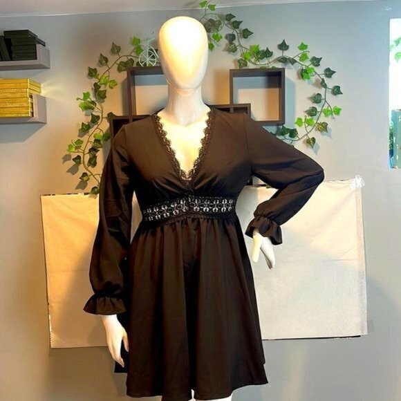 Cupshe‎ Boho Deep V Neck Floral Lace A-line Elegant Lace Trim Flowy Dress L - Picture 1 of 12